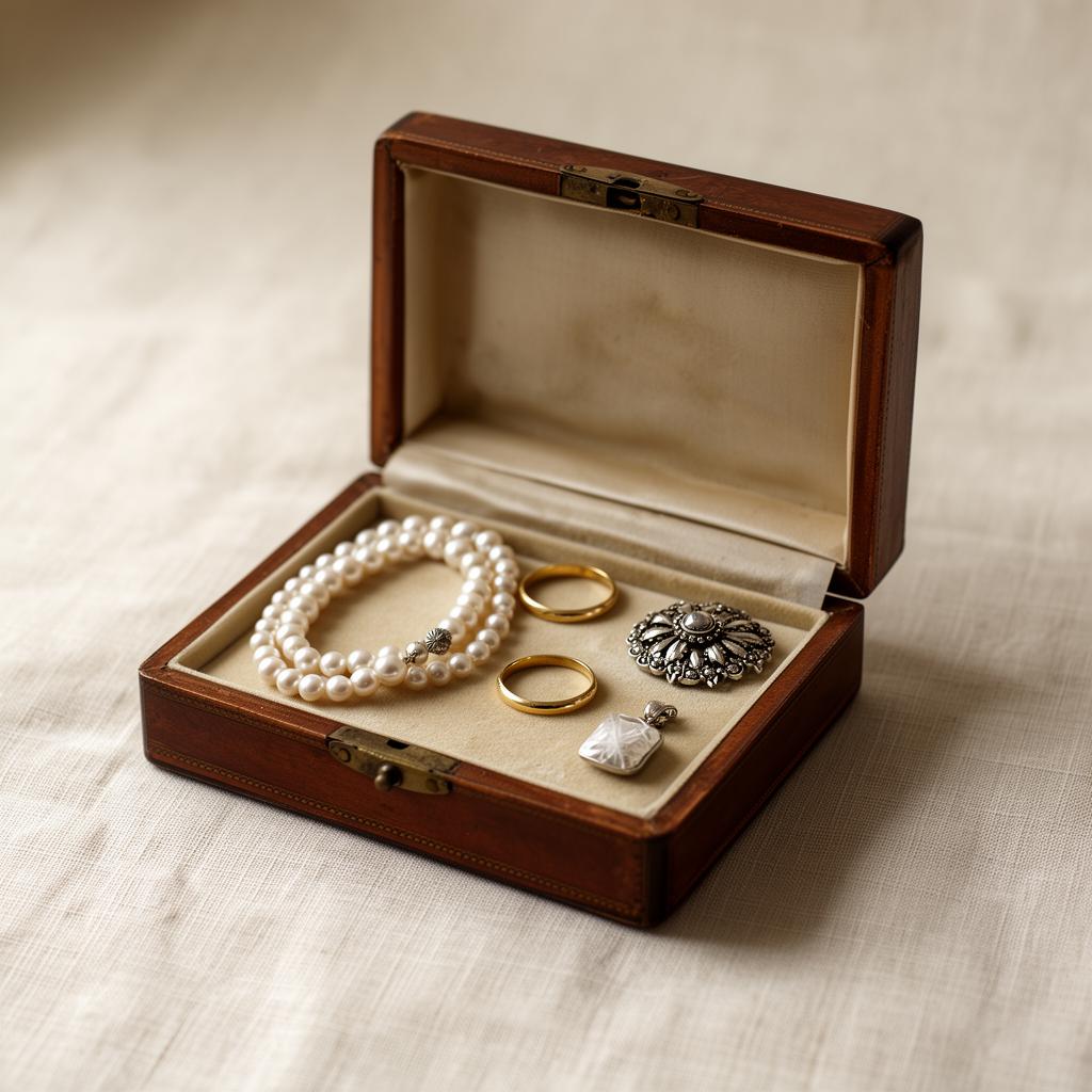 Open vintage sieradendoosje met parelketting, gouden trouwringen en zilveren broche op crèmekleurig linnen