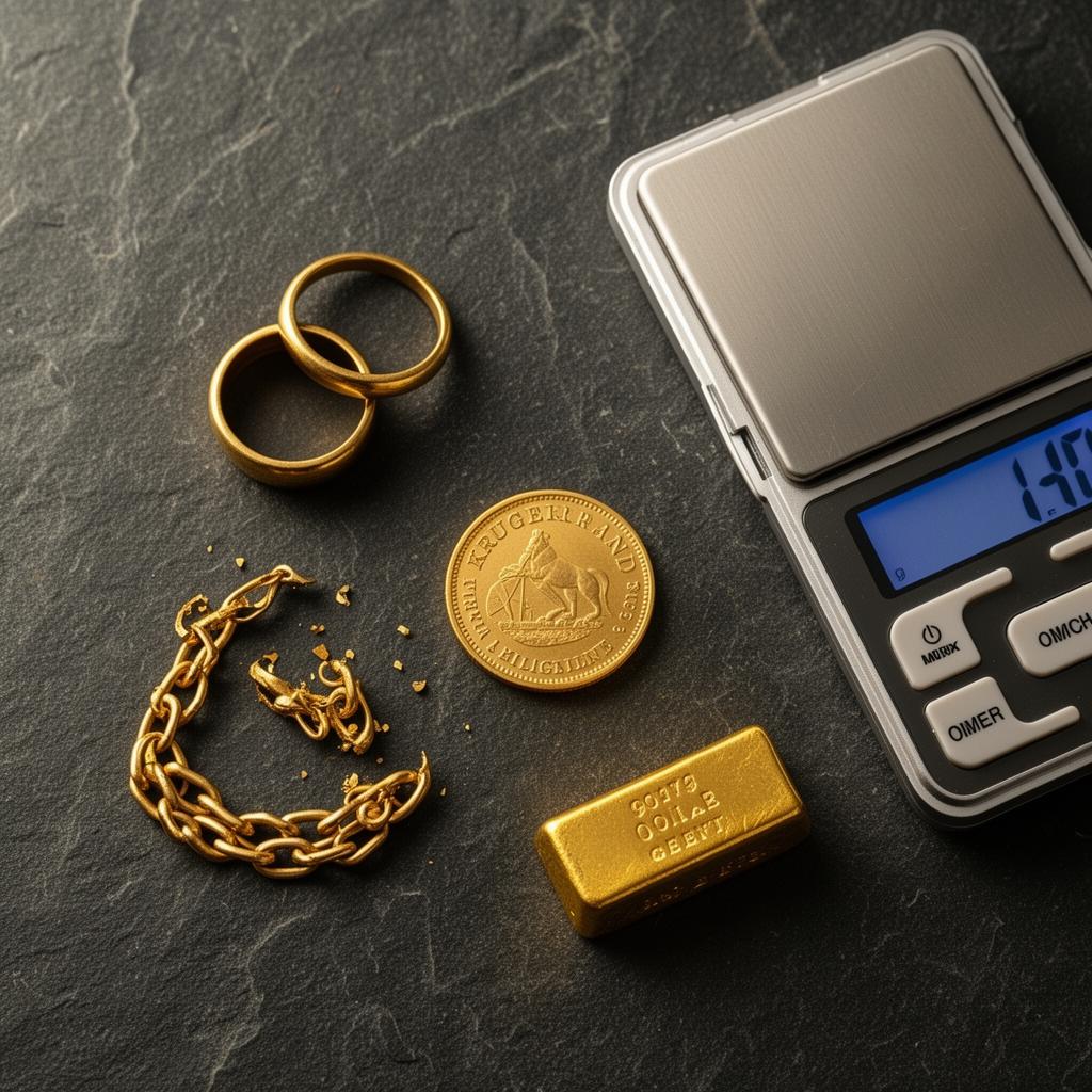 Bovenaanzicht van gouden ringen, een gebroken schakelketting, een gouden munt en een goudbaar naast een fijnweegschaal