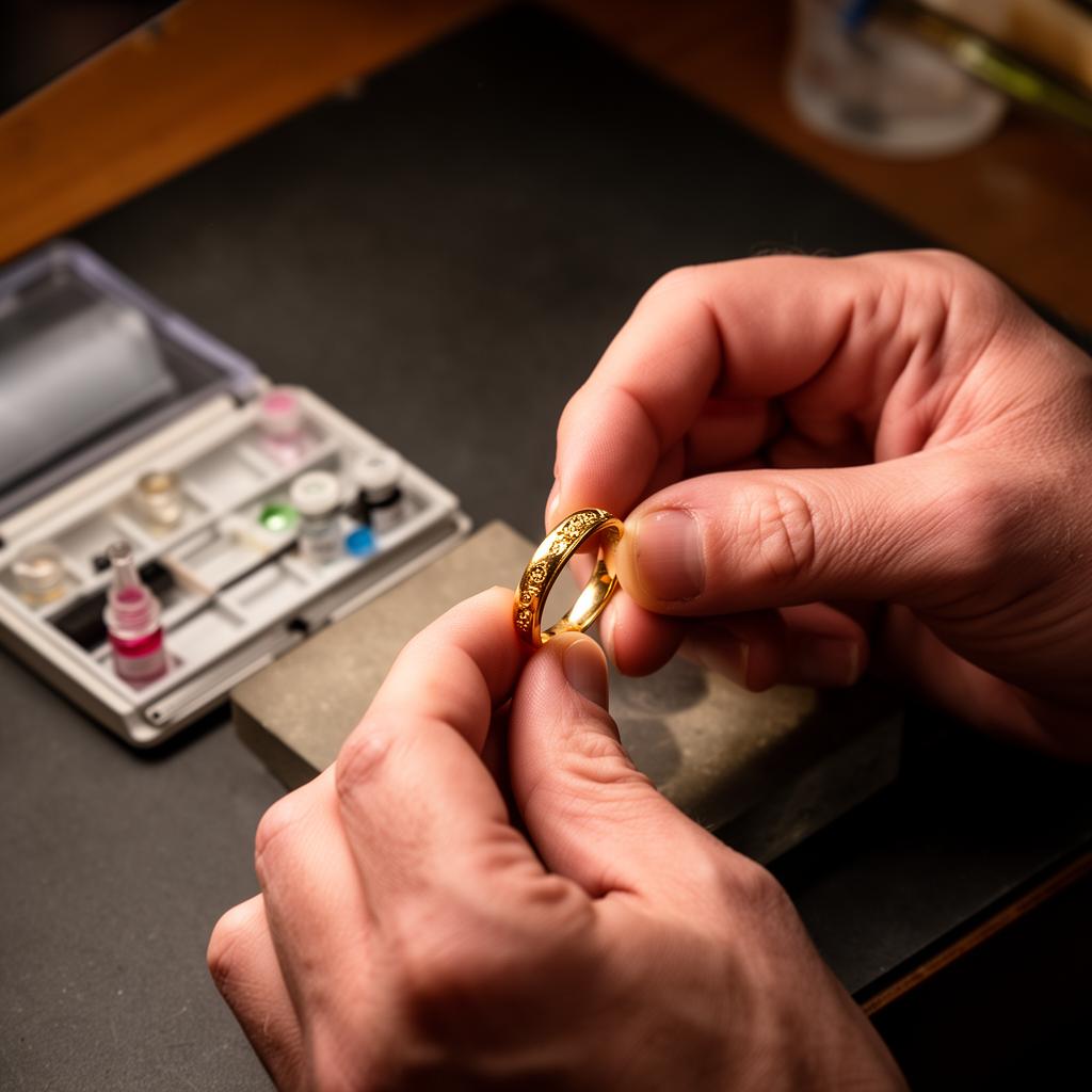 Handen van een specialist testen een gouden ring met toetssteen en zuurtest op een donkere werktafel