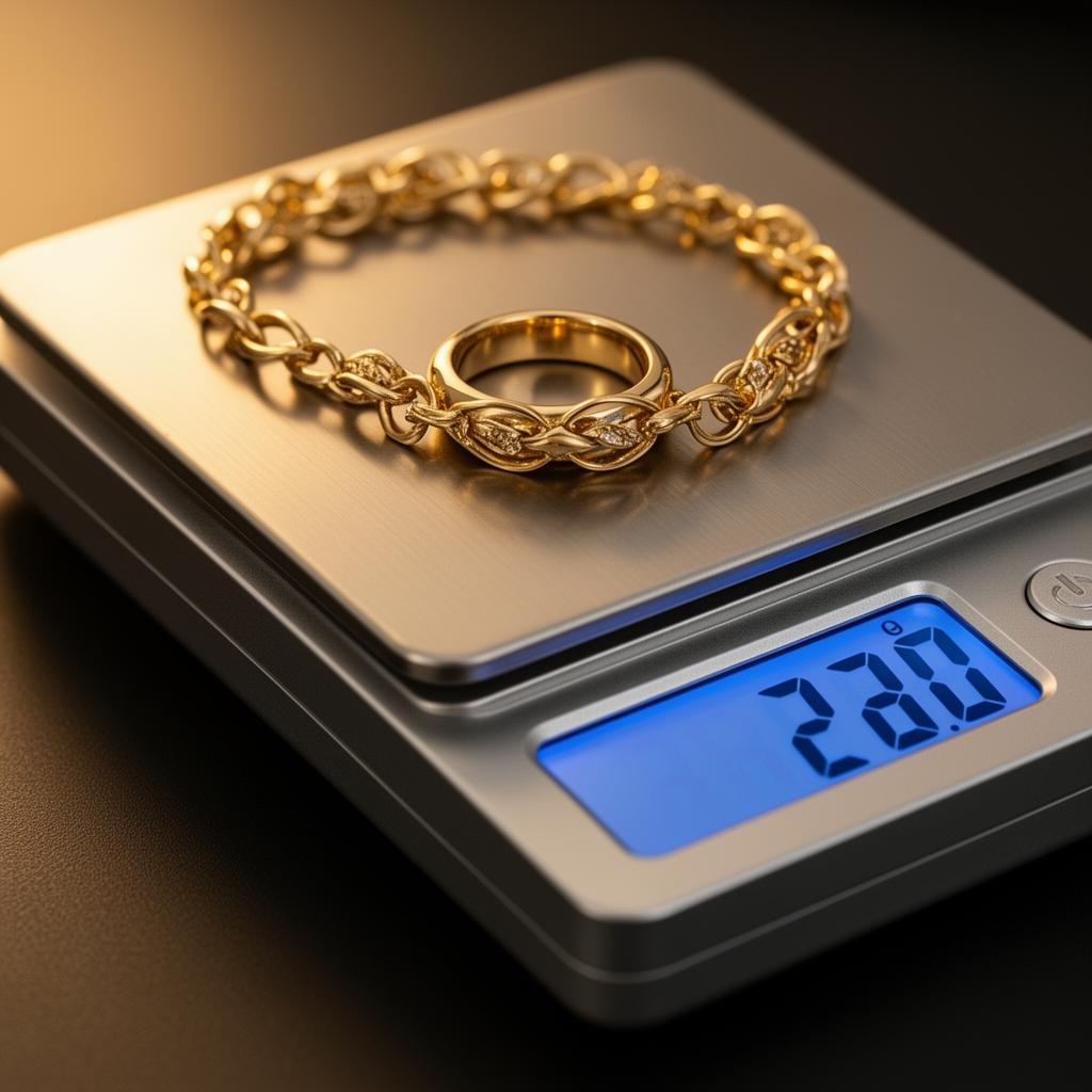 Gouden armband en ring worden gewogen op een digitale precisieweegschaal met verlicht display