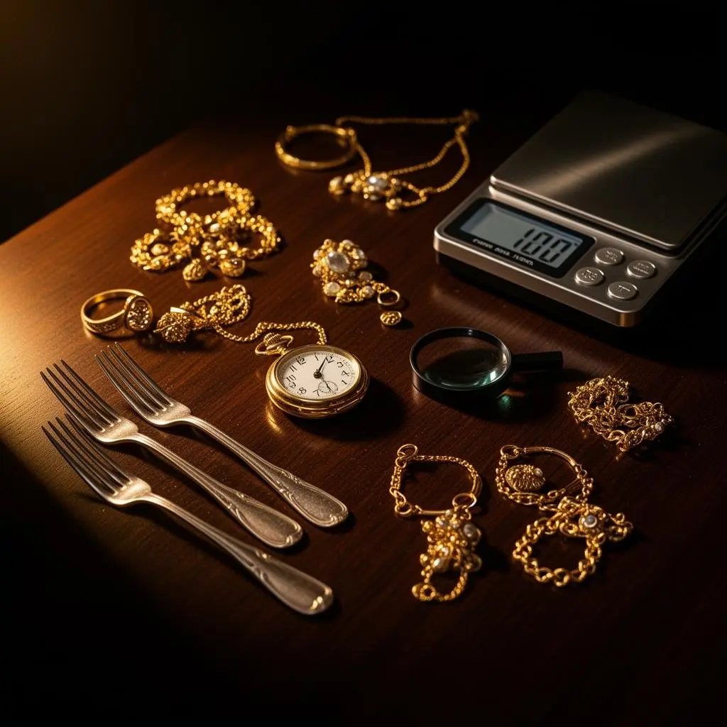 Gouden sieraden, zakhorloge, zilveren bestek en precisieweegschaal op een donkere houten tafel — klaar voor waardebepaling