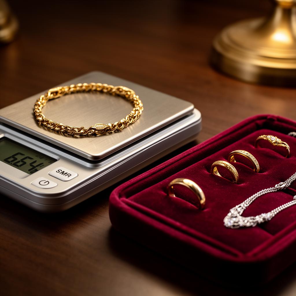 Precisieweegschaal met gouden armband naast een fluwelen sieradentray op een donkere houten tafel