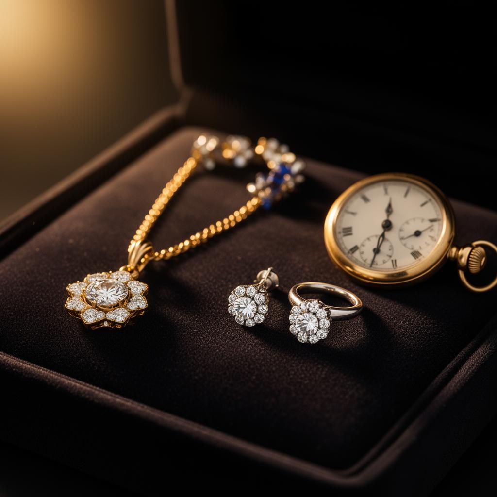 Gouden ketting met hanger, diamanten oorknoppen en antiek zakhorloge op een donker fluwelen presentatieblad