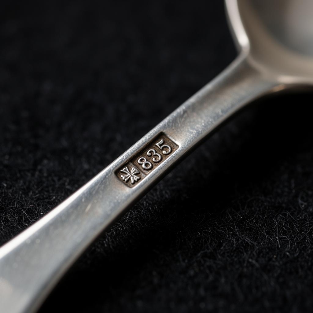 Macrofoto van een 835 keurteken ingeslagen in de steel van een antieke zilveren lepel